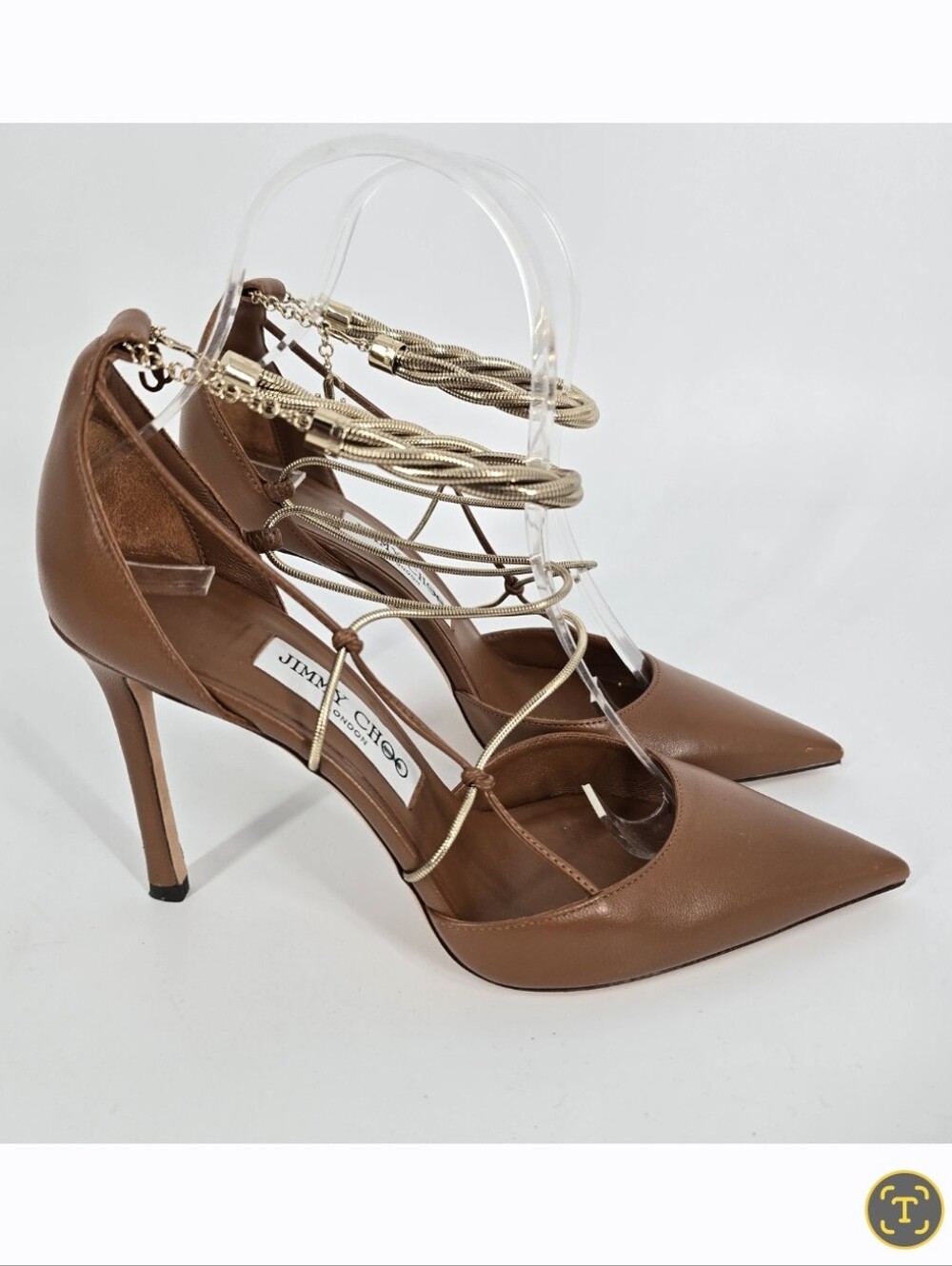 Jimmy Choo Olesia Brown Ankle Chain Leather Pumps 95mm Size 37